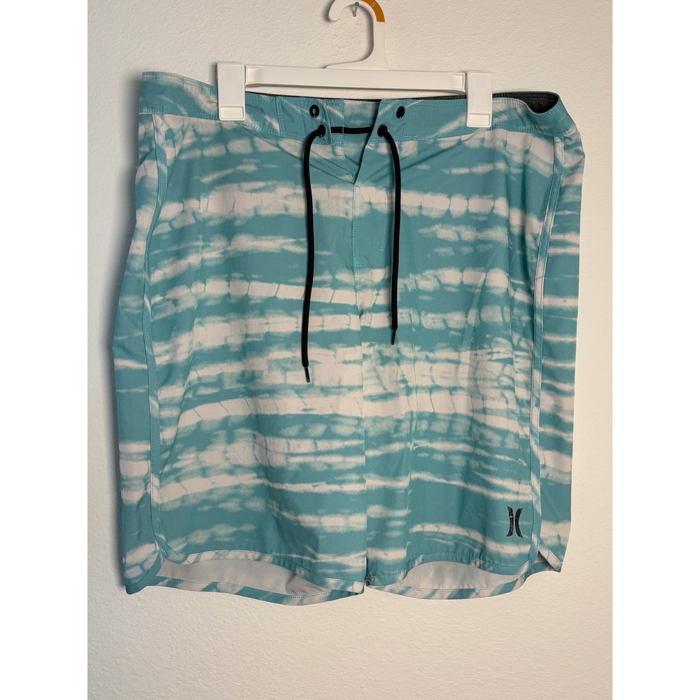 Hurley Mens Teal White Tie Dye Board Shorts Swim Trunks Size 38 Surf Beachwear